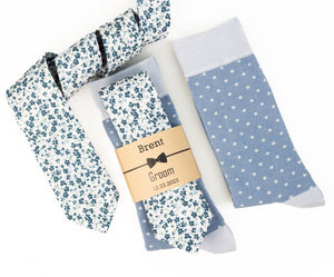 Dusty Blue Floral Wedding Neck Tie & Dusty Blue Polka Dot Socks