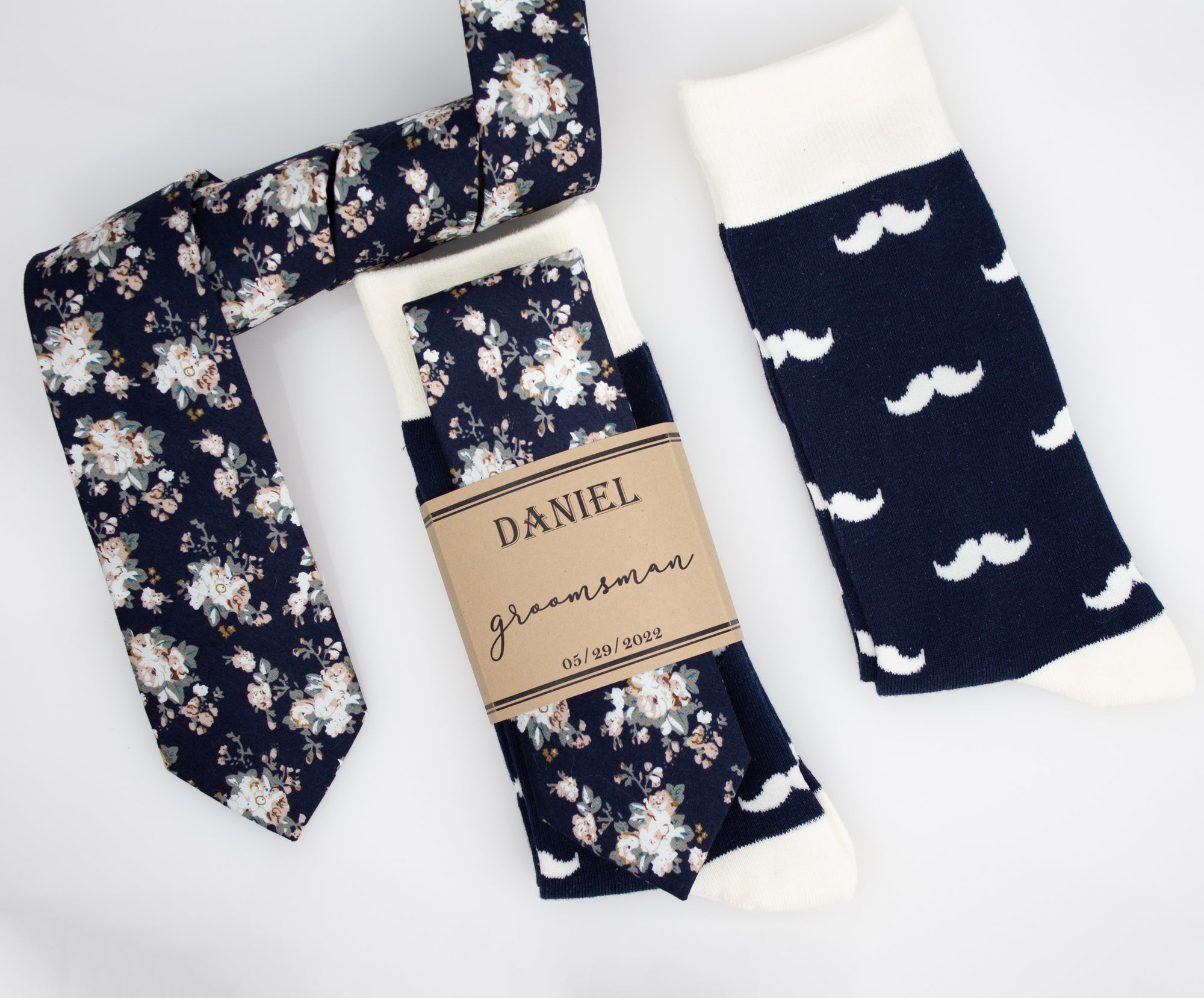Navy, Ivory, Champagne and Sage Floral Wedding Neck Tie & Navy and Ivory Mustache Socks
