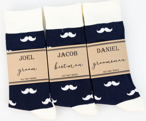 Navy, Ivory, Champagne and Sage Floral Wedding Neck Tie & Navy and Ivory Mustache Socks