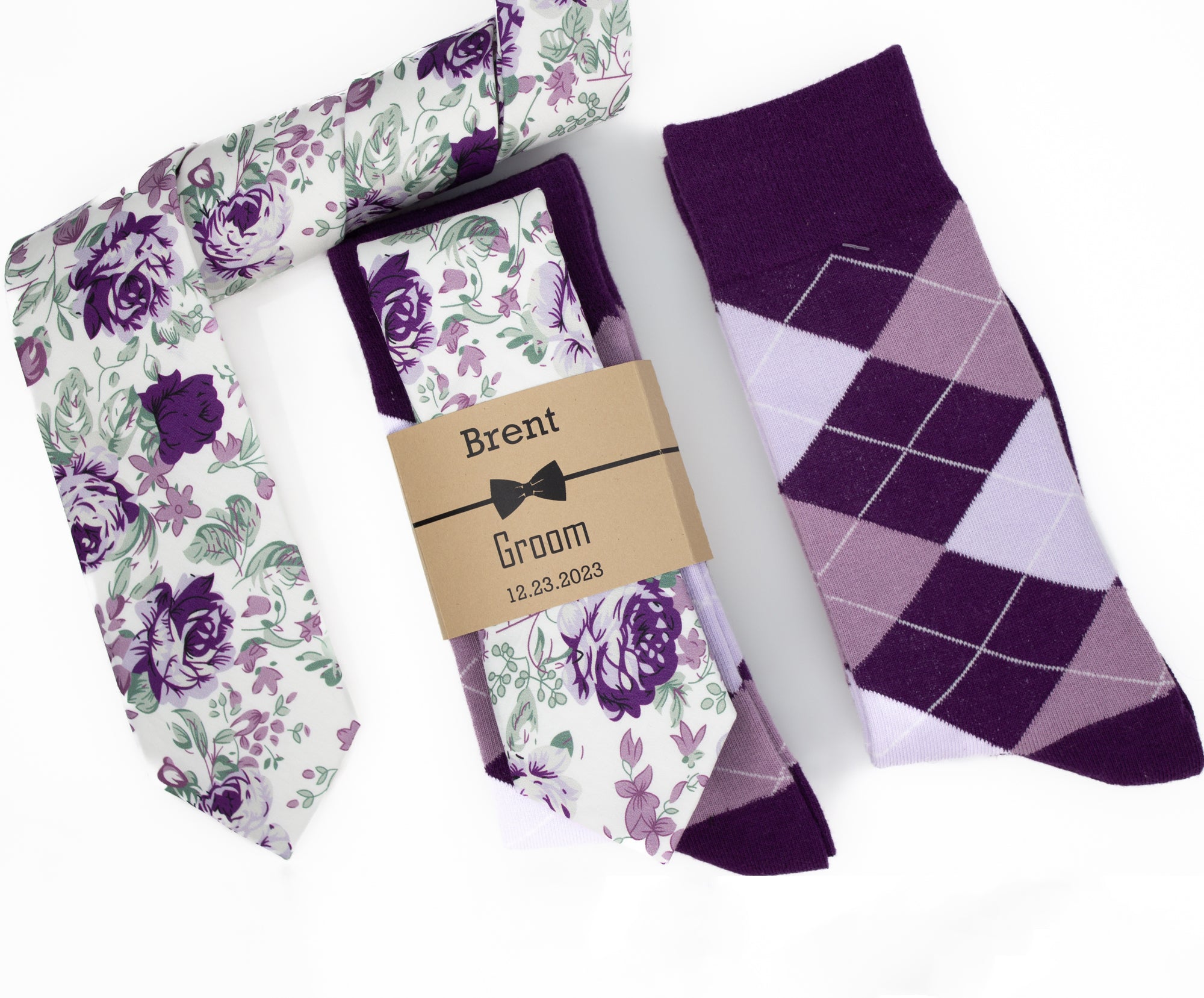 Plum, Lavender, Mauve and Sage Floral Wedding Neck Tie & Plum, Mauve and Lavender Argyle Socks