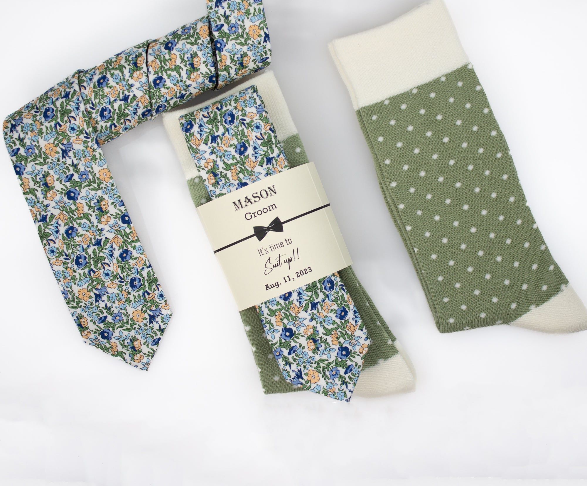 Sage, Navy, Blue Floral Wedding Neck Tie & Sage and Ivory Polka Dot Socks