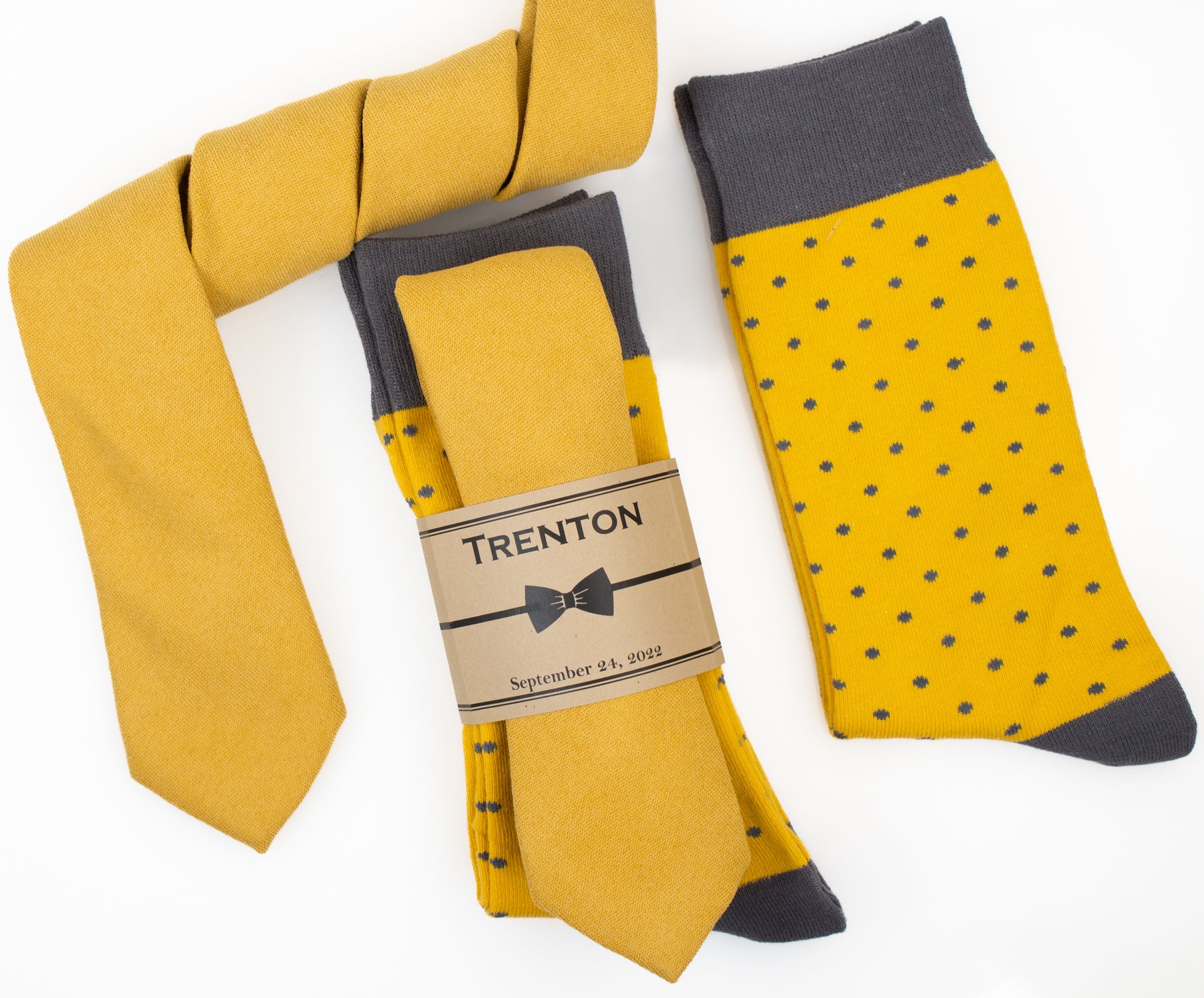 Solid Yellow Velvet Tie & Yellow and Grey Polka Dot Socks