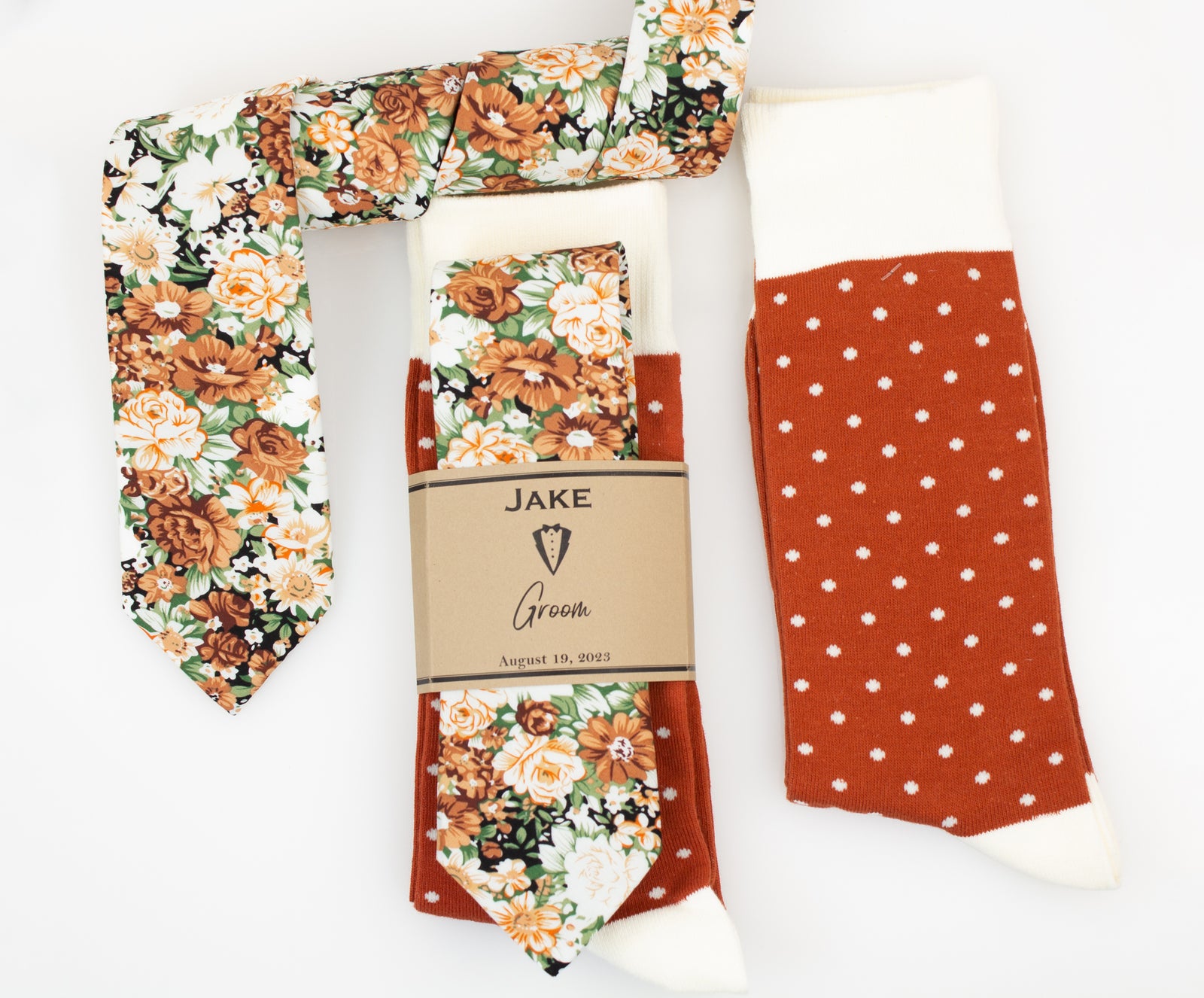 Burnt Orange/ Terracotta, Sage and Ivory Floral Wedding Neck Tie & Burnt Orange/ Terracotta and Ivory Polka Dot Socks