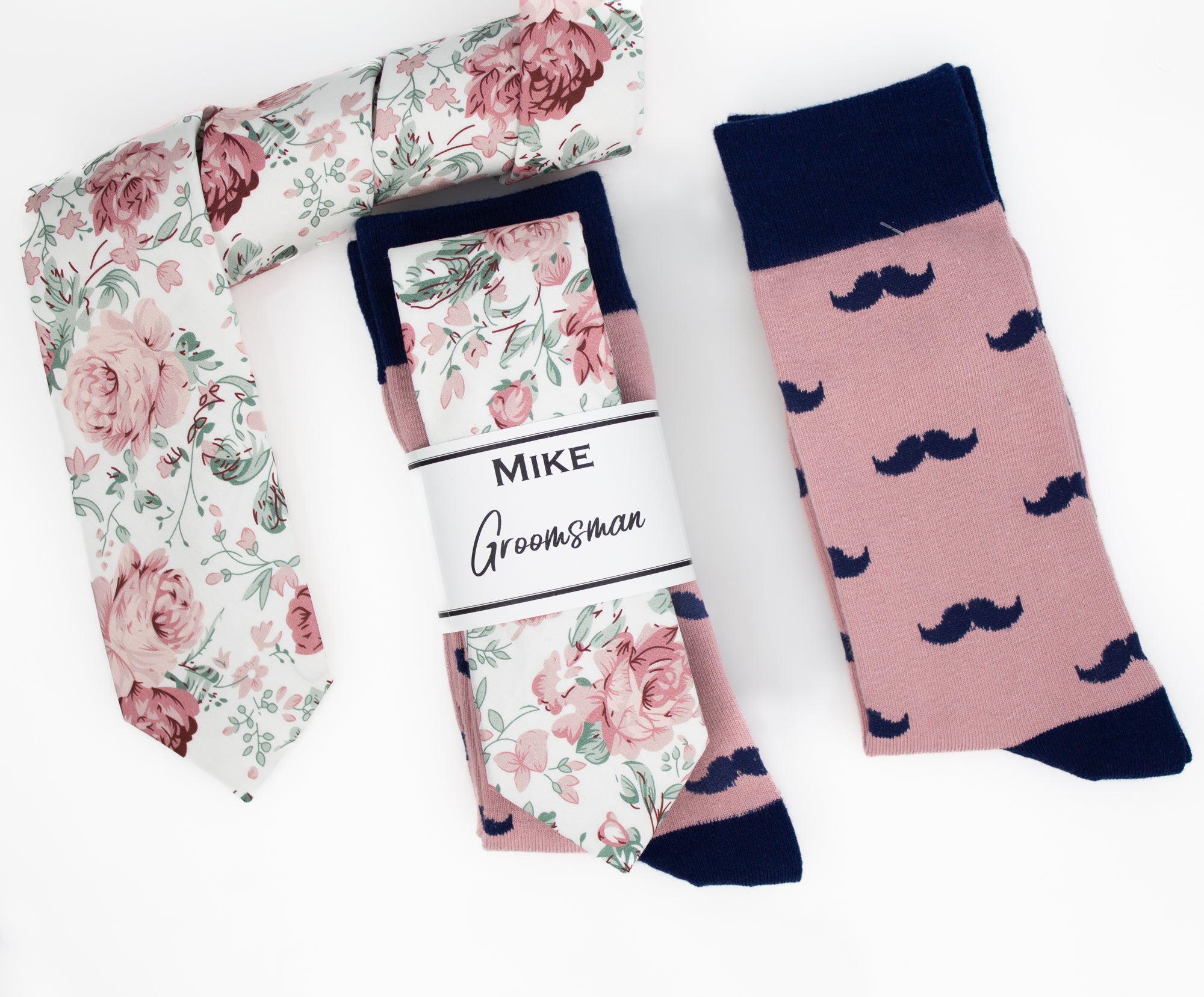 Dusty Rose, Blush and Sage Floral Wedding Neck Tie & Dusty Rose and Navy Mustache Socks