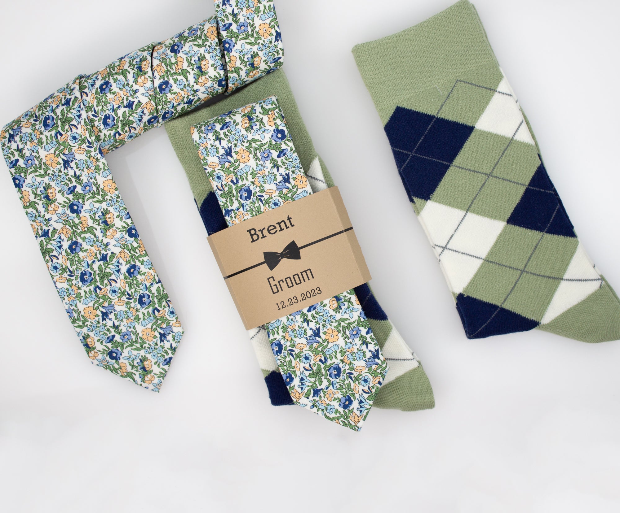 Sage, Navy, Blue Floral Wedding Neck Tie & Sage, Navy and Ivory Argyle Socks