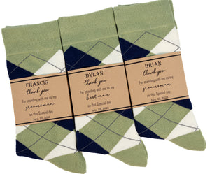 Sage, Navy, Blue Floral Wedding Neck Tie & Sage, Navy and Ivory Argyle Socks