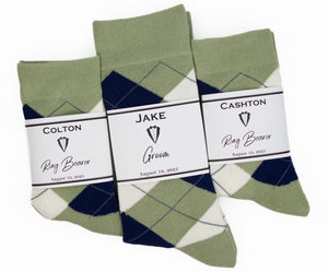 Sage, Navy, Blue Floral Wedding Neck Tie & Sage, Navy and Ivory Argyle Socks