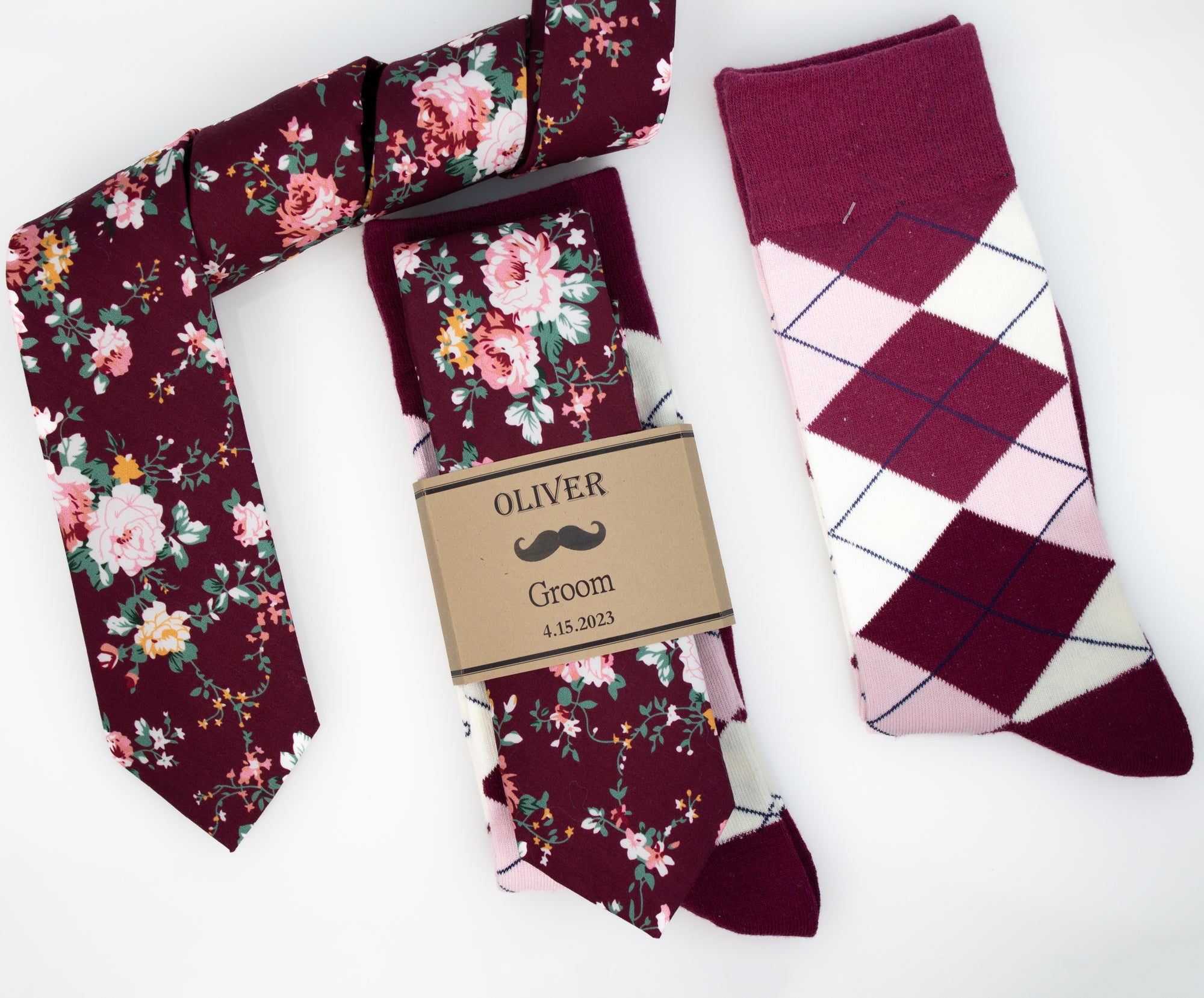 Burgundy, Blush and Sage Floral Wedding Neck Tie & Burgundy, Blush and Ivory Argyle Socks