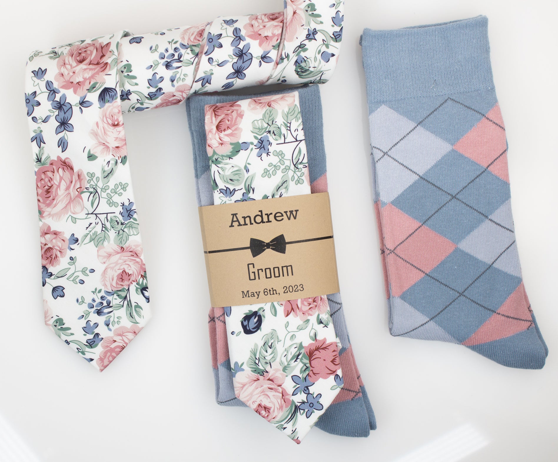 Dusty Blue, Dusty Rose and Sage Floral Wedding Neck Tie & Dusty Blue, Dusty Rose and Grey Argyle Socks