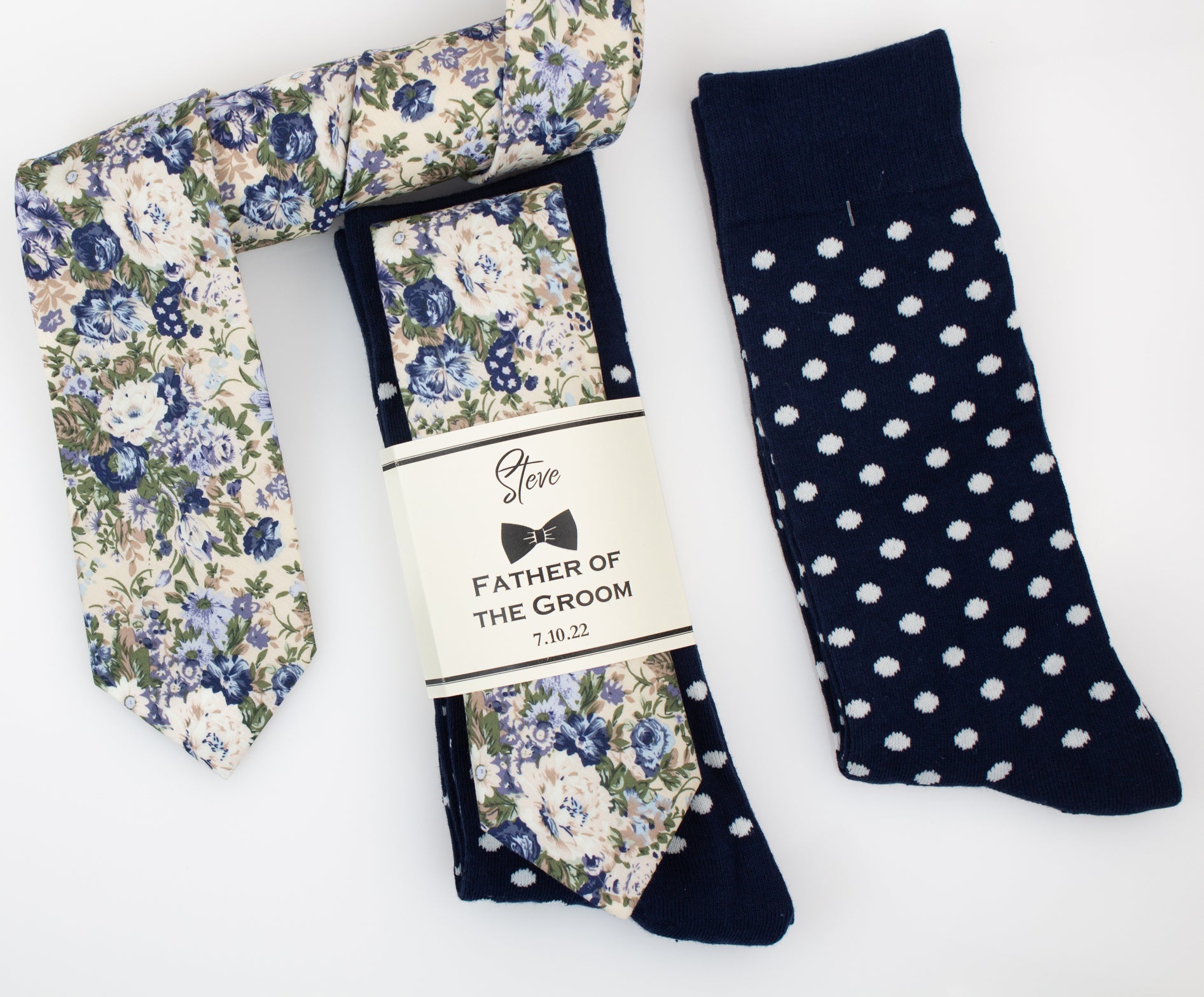 Sage, Ivory and Navy Blue Floral Wedding Neck Tie & Navy and Ivory Polka Dot Socks