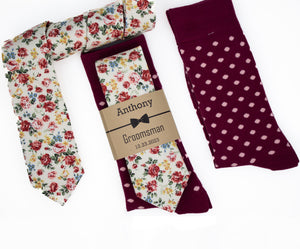 Burgundy, Cream and Sage Floral Wedding Neck Tie & Burgundy and Blush Polka Dot Socks