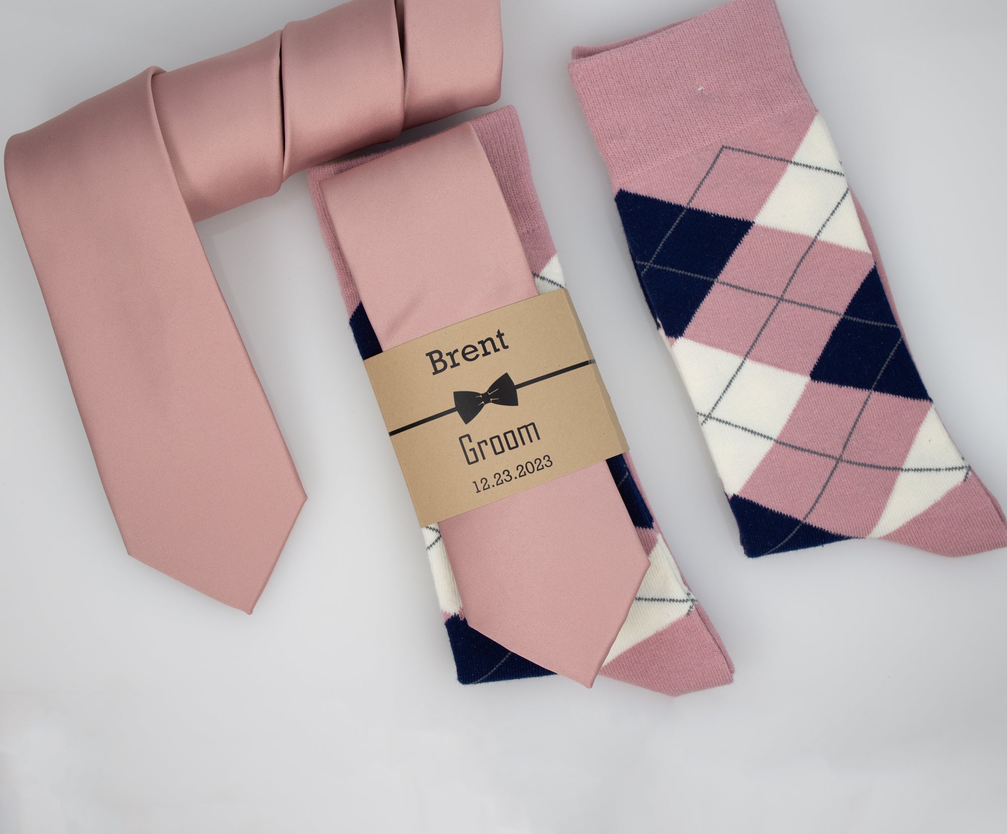 Dusty Rose Solid Tie & Dusty Rose, Navy and Ivory Argyle Socks