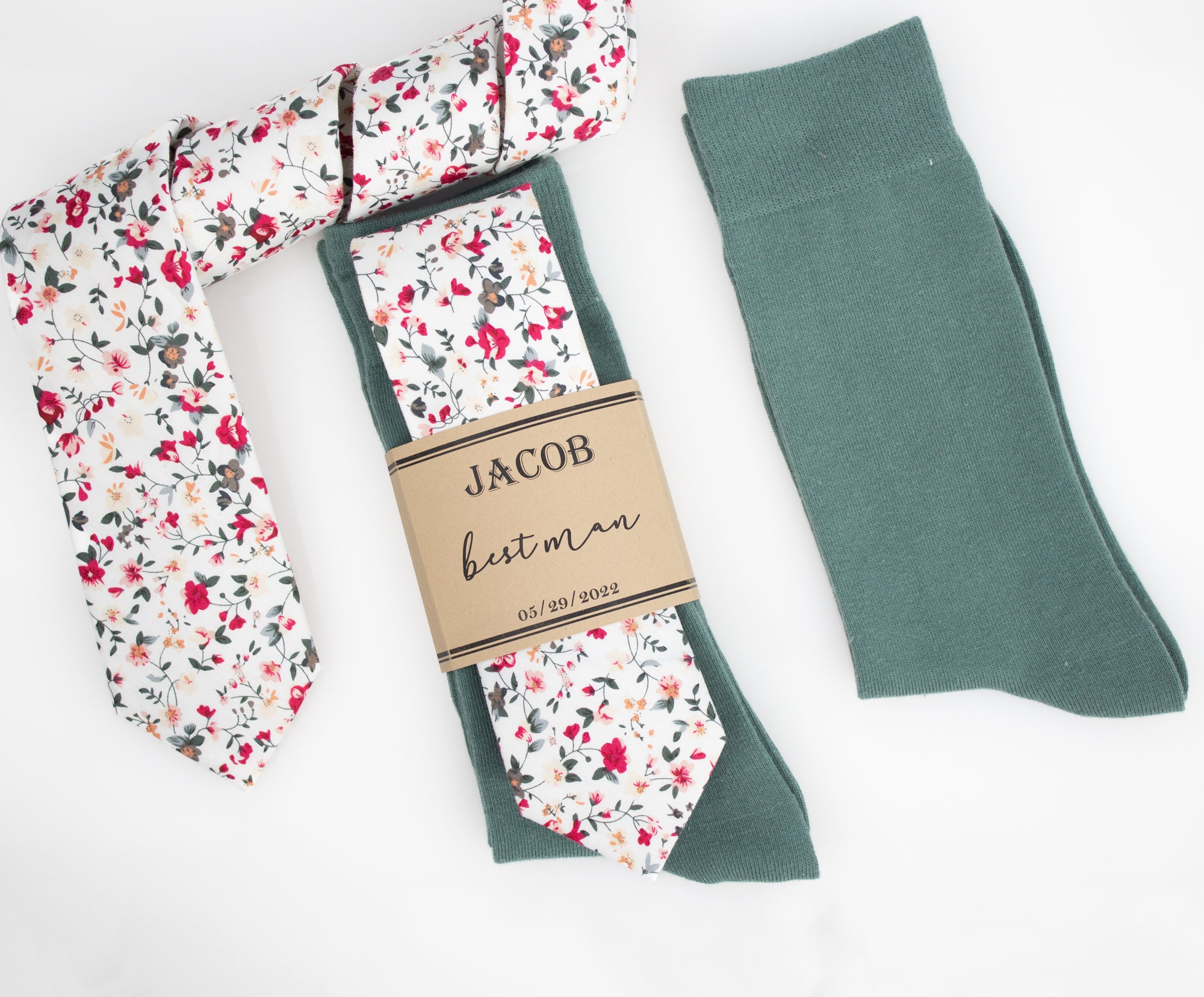 Burgundy Red and Sage Floral Tie & Dark Sage Solid Socks