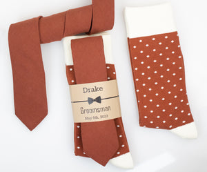 Burnt Orange/ Terracotta Solid Color Tie & Burnt Orange/ Terracotta and Ivory Polka Dot Socks