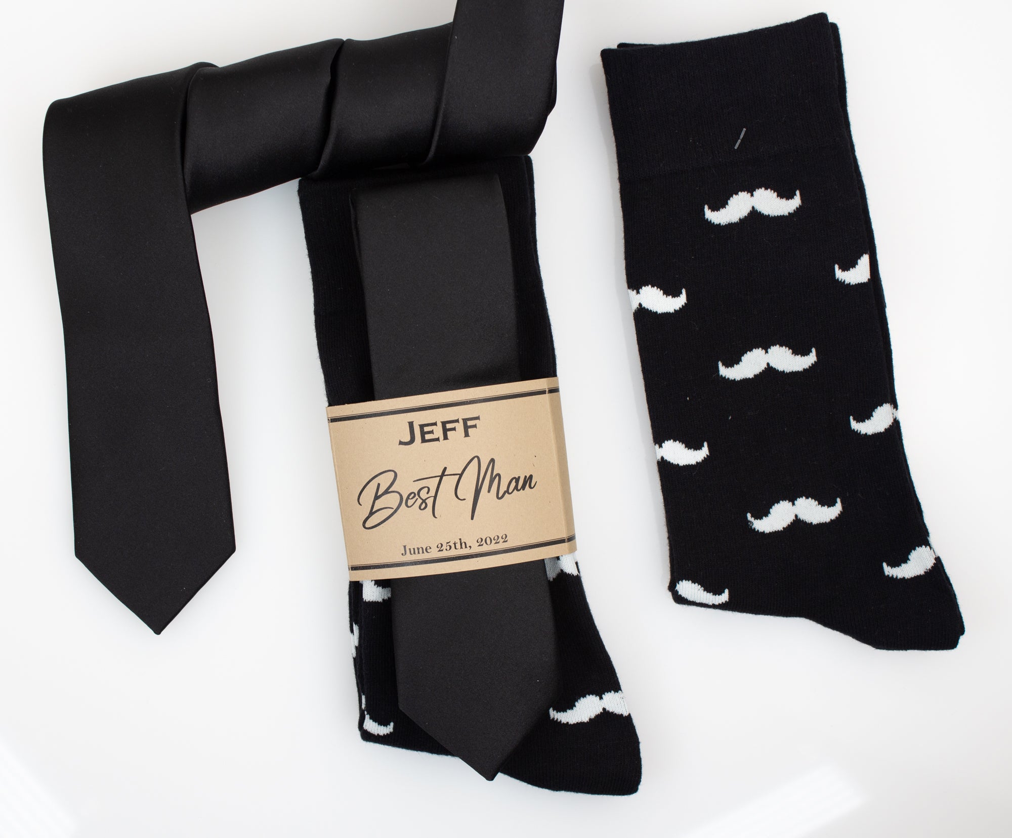 Black Solid Color Tie & Black and White Mustache Socks