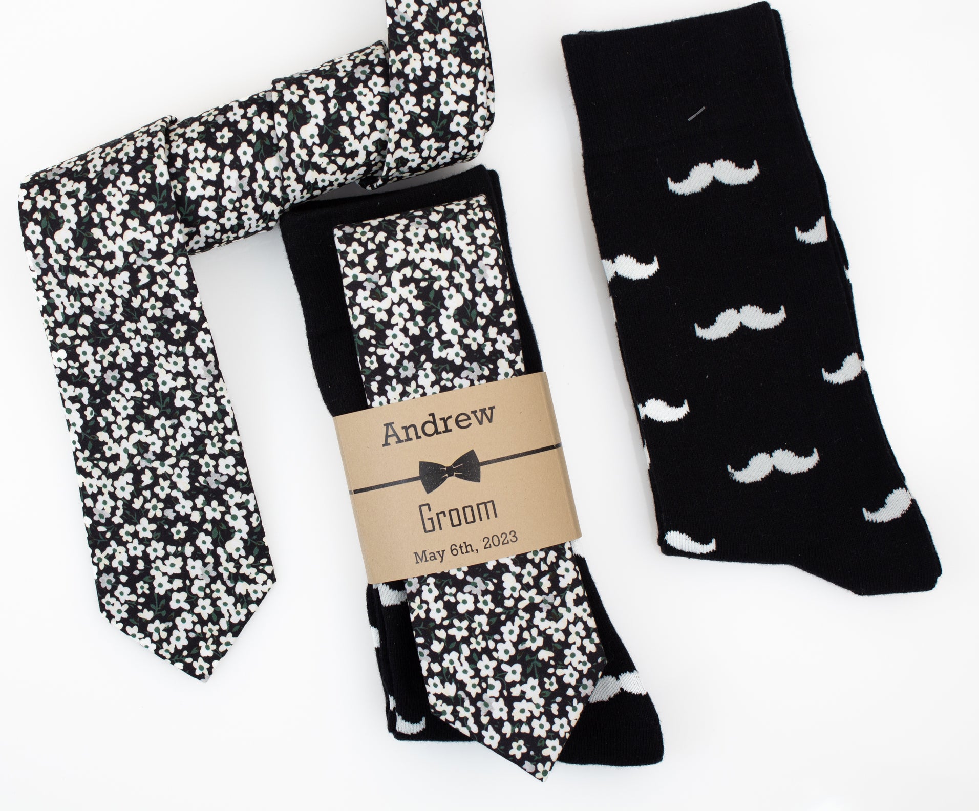 Black, Champagne and Sage Floral Tie & Black and White Mustache Socks