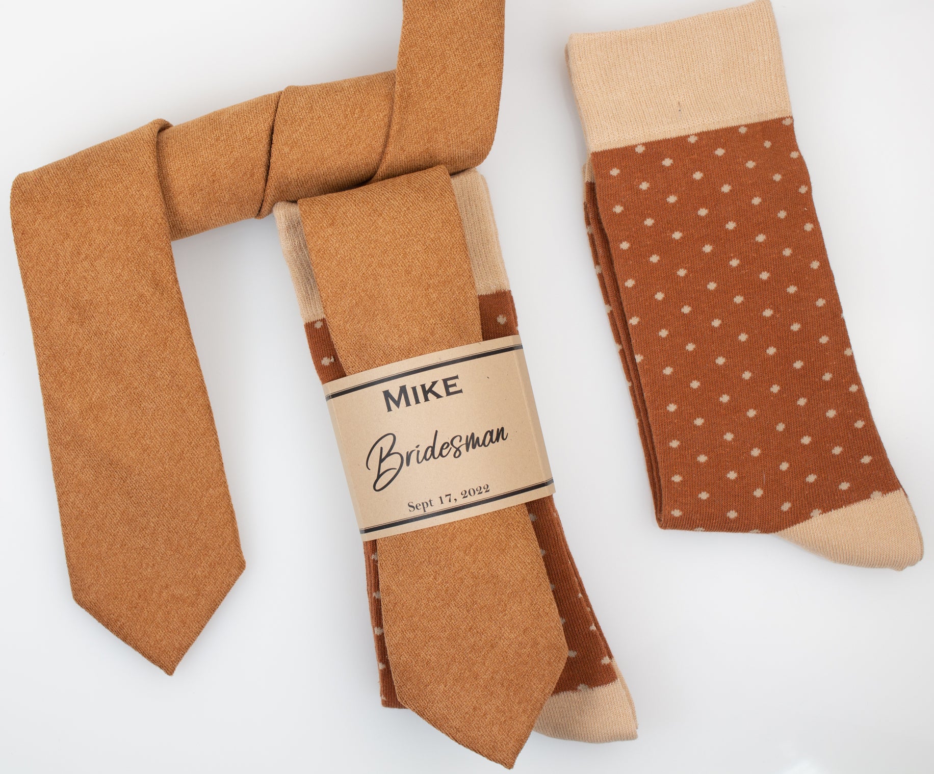 Rust Brown Solid Color Tie & Rust Brown and Beige Polka Dot Socks