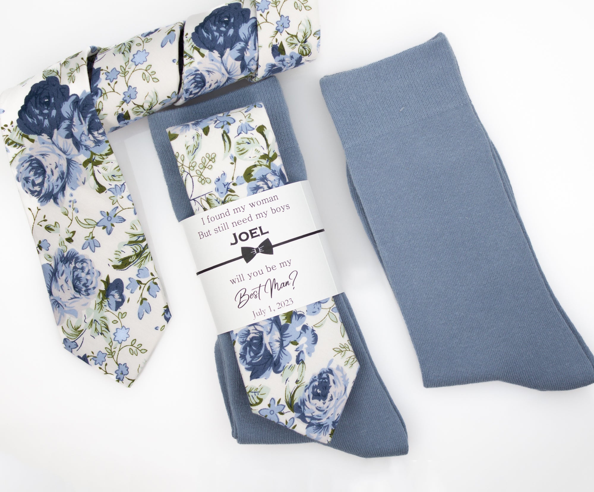 Dusty Blue, Steel Blue and Sage Floral Wedding Neck Tie & Dusty Blue Solid Color Socks