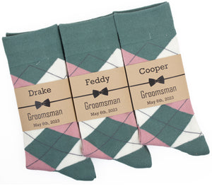 Dark Sage Green, Dusty Rose & Ivory Argyle Socks