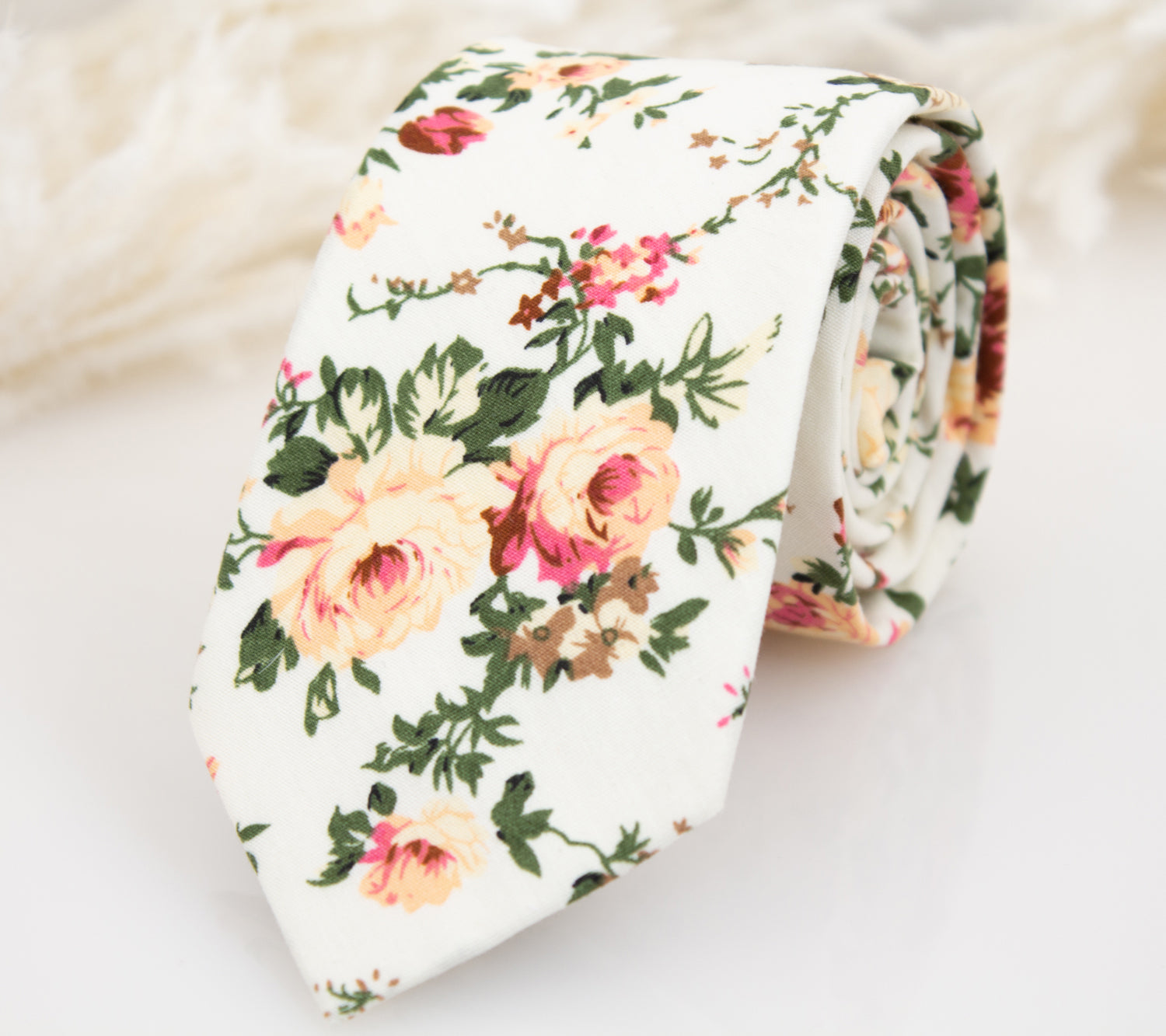 Cream, Peach, Blush, Emerald and Sage Floral Tie