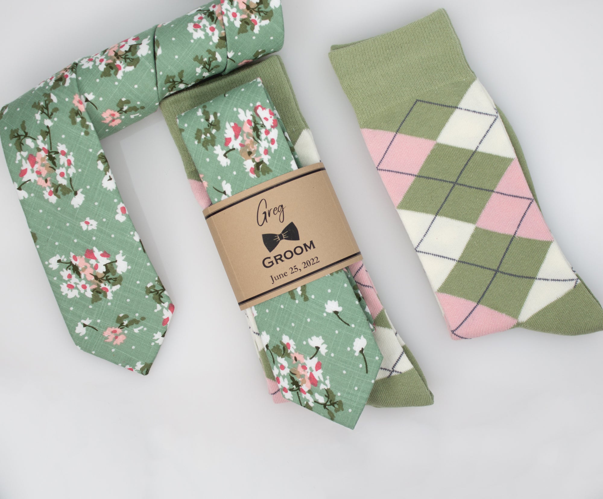 Sage, Blush & Ivory Floral Wedding Neck Tie & Sage, Blush and Ivory Argyle Socks