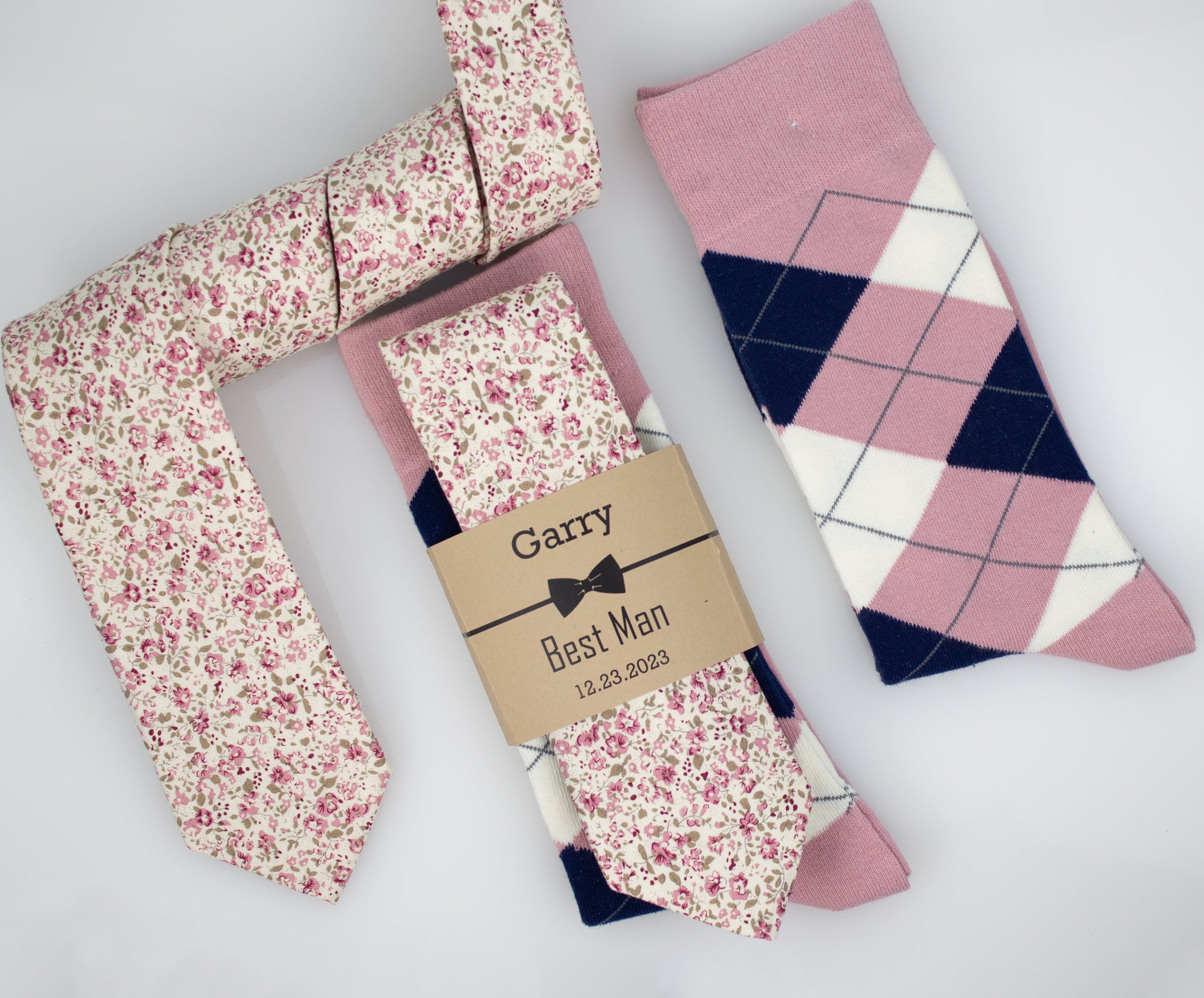 Dusty Rose Floral Tie & Dusty Rose, Navy and Ivory Argyle Socks
