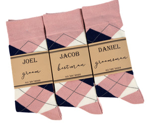 Dusty Rose Floral Tie & Dusty Rose, Navy and Ivory Argyle Socks