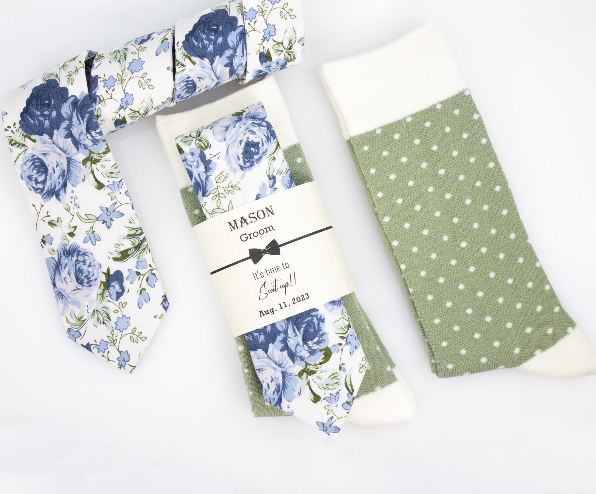 Dusty Blue, Steel Blue and Sage Floral Wedding Neck Tie & Sage and Ivory Polka Dot Socks