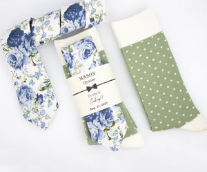 Dusty Blue, Steel Blue and Sage Floral Wedding Neck Tie & Sage and Ivory Polka Dot Socks