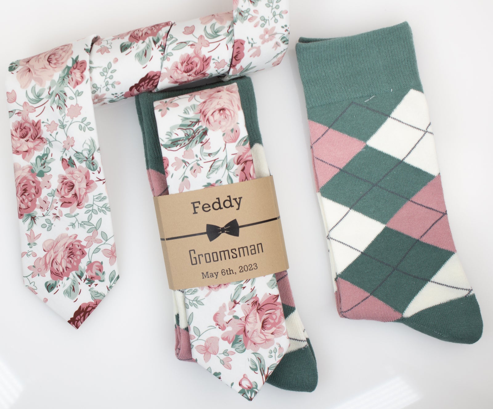 Dusty Rose, Blush and Sage Floral Wedding Neck Tie & Sage, Dusty Rose and Ivory Argyle Socks