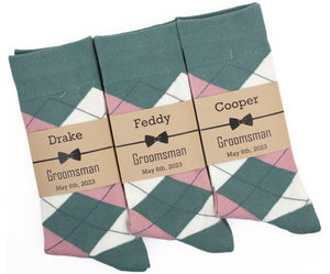 Dusty Rose, Blush and Sage Floral Wedding Neck Tie & Sage, Dusty Rose and Ivory Argyle Socks