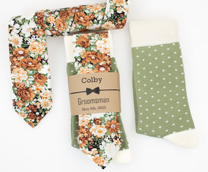 Burnt Orange/ Terracotta, Sage and Ivory Floral Wedding Neck Tie & Sage and Ivory Polka Dot Socks