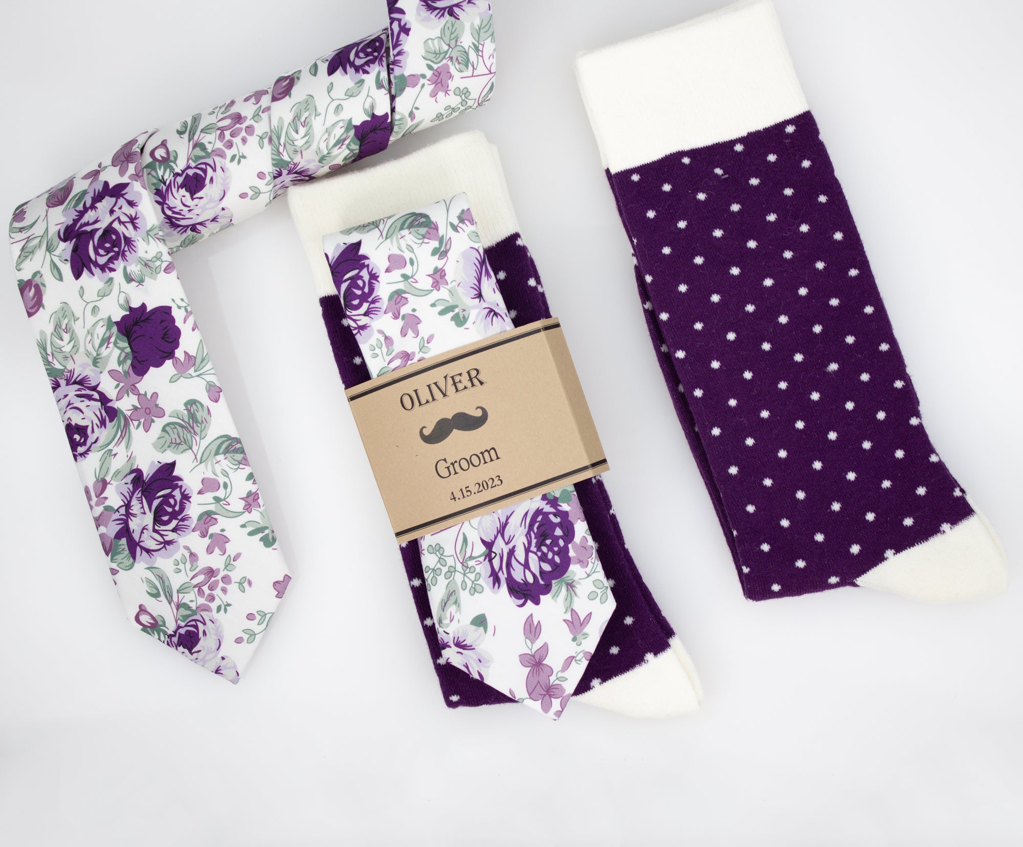Plum, Lavender, Mauve and Sage Floral Wedding Neck Tie & Plum and Ivory Polka Dot Socks