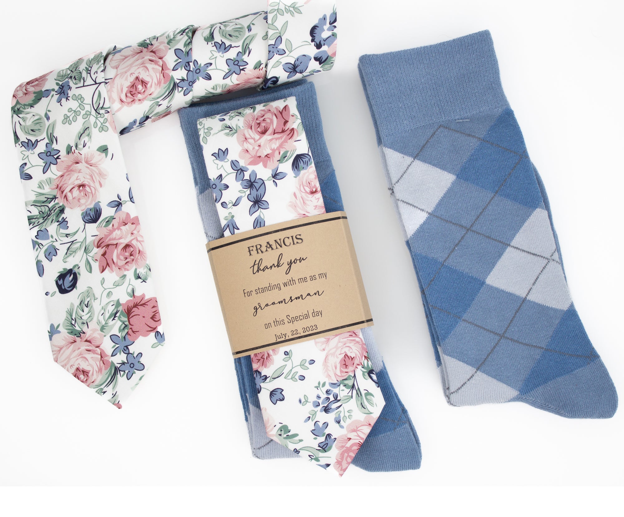 Dusty Rose, Dusty Blue and Sage Floral Wedding Neck Tie & Dusty Blue, Steel Blue and Grey Argyle Socks