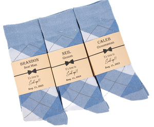 Dusty Rose, Dusty Blue and Sage Floral Wedding Neck Tie & Dusty Blue, Steel Blue and Grey Argyle Socks